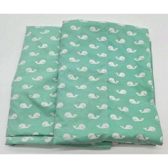 Whale Printed Standard Size Pillowcases 100% Polyester Green & White - Picture 1 of 4